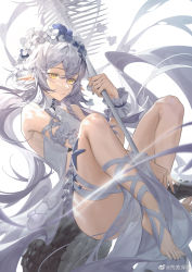 Rule 34 | 1girl, absurdres, arknights, bare shoulders, between legs, blue nails, braid, chinese commentary, closed mouth, commentary request, crocodilian tail, feet, full body, hair between eyes, hand between legs, hand up, head wreath, helsura (laurenc15933866), highres, holding, holding staff, leg ribbon, legs, long hair, looking at viewer, nail polish, official alternate costume, one-piece swimsuit, pointy ears, ribbon, silver hair, solo, staff, swimsuit, tail, thighs, toenail polish, toenails, tomimi (arknights), tomimi (silent night) (arknights), very long hair, white one-piece swimsuit, white ribbon, yellow eyes