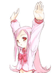 Rule 34 | 00s, 1girl, \o/, arms up, lucy maria misora, midriff, oekaki, outstretched arms, pink hair, pink theme, raina, red eyes, school uniform, serafuku, simple background, sketch, solo, to heart (series), to heart 2