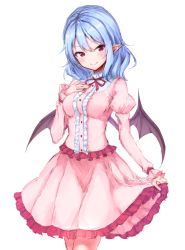 Rule 34 | 1girl, bat wings, black wings, blue eyes, blush, breasts, center frills, cowboy shot, frilled shirt, frilled skirt, frills, hand on own chest, highres, juliet sleeves, junior27016, long sleeves, looking at viewer, medium breasts, medium hair, medium skirt, neck ribbon, pink shirt, pink skirt, pointy ears, puffy sleeves, red eyes, red ribbon, remilia scarlet, revision, ribbon, shirt, simple background, sketch, skirt, skirt hold, solo, standing, touhou, tsurime, white background, wings