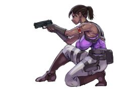 Rule 34 | 1girl, armlet, belt pouch, boots, breasts, brown footwear, brown gloves, brown hair, brown lips, chest harness, commentary request, dark-skinned female, dark skin, earrings, finger on trigger, fingerless gloves, from side, full body, gloves, grey pants, gun, hair pulled back, handgun, harness, holding, holding gun, holding weapon, holster, hoop earrings, jewelry, knee boots, large breasts, left-handed, neck ring, on one knee, pants, pouch, purple tank top, resident evil, resident evil 5, sagging breasts, sashizume soutarou, sheva alomar, short hair, short ponytail, shoulder tattoo, sleeveless, solo, tank top, tattoo, very dark skin, weapon, white background