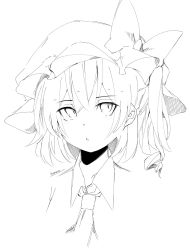 Rule 34 | 1girl, artist name, bow, collared shirt, commentary request, cropped torso, flandre scarlet, greyscale, hat, hat bow, highres, medium hair, mob cap, monochrome, one side up, portrait, ringlets, senli, shirt, simple background, solo, touhou, white background