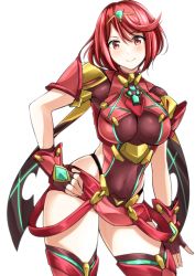 Rule 34 | 1girl, breasts, hand on own hip, highres, nintendo, pyra (xenoblade), red eyes, red hair, simple background, solo, white background, xenoblade chronicles (series), xenoblade chronicles 2