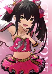 Rule 34 | 1girl, animal print, arm up, armpits, belt, black hair, bow, commentary, crop top, flat chest, frilled skirt, frills, hair between eyes, hair bow, highres, idolmaster, idolmaster cinderella girls, jacket, jewelry, leopard print, long hair, long sleeves, looking at viewer, matoba risa, navel, necklace, official alternate costume, open clothes, open jacket, open mouth, pink background, pink bow, pink shirt, pink skirt, roccamoya, shirt, sidelocks, skirt, smile, solo, stomach, teeth, twintails, upper teeth only, v-shaped eyebrows, white jacket, yellow belt, yellow eyes