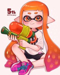 Rule 34 | 1girl, aoaza 83, bike shorts, black shorts, blunt bangs, closed mouth, commentary, cross-laced footwear, english text, full body, highres, holding, holding weapon, indian style, inkling, inkling girl, inkling player character, logo, long hair, looking at viewer, nintendo, no socks, orange eyes, orange hair, pointy ears, purple footwear, shadow, shirt, shoes, short sleeves, shorts, single vertical stripe, sitting, smile, sneakers, solo, splatoon (series), splatoon 1, splattershot (splatoon), t-shirt, tentacle hair, weapon, white shirt