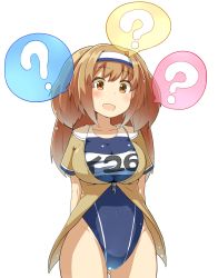 Rule 34 | 10s, 1girl, ?, breasts, brown eyes, clothes writing, covered navel, hairband, i-26 (kancolle), kantai collection, large breasts, light brown hair, long hair, name tag, new school swimsuit, one-piece swimsuit, open clothes, open mouth, sailor collar, school swimsuit, short sleeves, solo, spoken question mark, swimsuit, swimsuit under clothes, two-tone hairband, two side up, yoosai