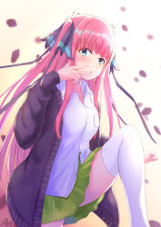 Rule 34 | 1girl, blue eyes, blunt bangs, blush, breasts, butterfly hair ornament, cardigan, go-toubun no hanayome, green skirt, hair ornament, hand on own face, highres, hime cut, knee up, large breasts, long hair, looking at viewer, multicolored nails, nail polish, nakano nino, nyanko960121, open cardigan, open clothes, open mouth, petals, pink hair, purple cardigan, school uniform, shirt, simple background, skirt, thick thighs, thighhighs, thighs, twintails, v-shaped eyebrows, white shirt, white thighhighs, zettai ryouiki