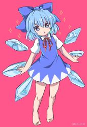 Rule 34 | 1girl, barefoot, blue bow, blue dress, blue eyes, blue hair, bow, cirno, dress, full body, hair bow, highres, ice, ice wings, looking at viewer, one-hour drawing challenge, open mouth, pinafore dress, pink background, ramudia (lamyun), shirt, short hair, simple background, sleeveless dress, solo, star (symbol), touhou, twitter username, white shirt, wings