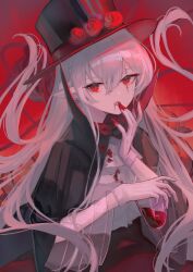 Rule 34 | 1girl, arknights, black hat, blood, blood on clothes, blood on hands, colored skin, cup, drinking glass, hat, hemorina, highres, holding, holding cup, licking, licking finger, long hair, looking at viewer, official alternate costume, pointy ears, red eyes, scar, scar across eye, shirt, solo, top hat, warfarin (arknights), warfarin (the feast) (arknights), white background, white hair, white skin, wine glass