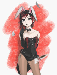 Rule 34 | 1girl, absurdres, ace (playing card), animal ears, bandolier, bare shoulders, black gloves, black hair, blurry, bow, bowtie, bullet, card, cartridge, collarbone, cross, depth of field, detached collar, diamond (shape), elbow gloves, fake animal ears, finger to cheek, finger to face, gloves, gradient hair, grey eyes, hairband, heart, highres, leotard, looking at viewer, multicolored hair, \\n/, pantyhose, parted lips, peroperoshinobu, playboy bunny, playing card, rabbit ears, red hair, ruby rose, rwby, short hair, solo, spade, two-tone hair