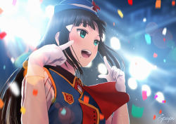 Rule 34 | 10s, 1girl, artist name, bad id, bad pixiv id, black hair, blue hat, blush, confetti, gloves, green eyes, happy party train, hat, kurosawa dia, long hair, looking away, love live!, love live! sunshine!!, mole, mole under mouth, open mouth, papi (papiron100), signature, smile, solo, upper body, white gloves