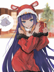 Rule 34 | !, 1girl, :p, alternate costume, blue eyes, blunt bangs, blurry, blurry background, blush, breasts, christmas, christmas tree, cleavage, commentary, cowboy shot, detached collar, dress, english commentary, gift, gradient hair, halo, hat, highres, holding, holding gift, hololive, hololive english, long hair, long sleeves, looking at viewer, multicolored hair, ninomae ina&#039;nis, orange hair, pogchamp (meme), pointy ears, purple hair, red dress, red hat, santa dress, santa hat, sidelocks, small breasts, solo, spoken exclamation mark, takodachi (ninomae ina&#039;nis), tallgeese (lgeesel), tentacle hair, tongue, tongue out, very long hair, virtual youtuber, window