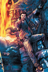 Rule 34 | 1boy, belt, brown hair, gun, jewelry, lava, nathan drake, naughty dog, necklace, rock, scar, stone, uncharted, weapon