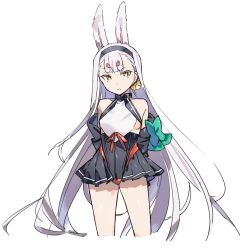 Rule 34 | 1girl, animal ears, azur lane, bare shoulders, breasts, brown eyes, long hair, looking at viewer, rabbit ears, shimakaze (azur lane), shirotae moyashi, simple background, small breasts, smile, solo, standing, thick eyebrows, underboob, white background, white hair, yellow eyes