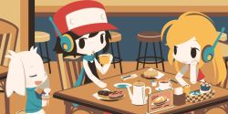 Rule 34 | 1boy, 2girls, :&gt;, black hair, blonde hair, cobalta, coffee cup, coffee mug, cup, curly brace, disposable cup, doughnut, doukutsu monogatari, food, hat, holding, holding cup, indoors, long hair, looking at another, mug, multiple girls, open mouth, parted lips, plate, quote (doukutsu monogatari), red headwear, robot, sakamoto sue, short hair, smile, table, teapot