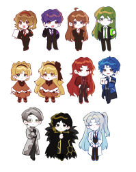 Rule 34 | 5boys, 6+girls, ahoge, angela (project moon), armband, binah (project moon), black bow, black cape, black hair, black hairband, black jacket, black pants, blonde hair, blue coat, blue eyes, blue hair, bow, braid, cape, chesed (project moon), chibi, coat, crown braid, doha (lob dh), gebura (project moon), green eyes, green hair, green necktie, grey coat, grey hair, hairband, highres, hod (project moon), hokma (project moon), jacket, lab coat, lobotomy corporation, long hair, looking at viewer, malkuth (project moon), multiple boys, multiple girls, necktie, netzach (project moon), pants, project moon, purple hair, red hair, red necktie, simple background, tiphereth a (project moon), tiphereth b (project moon), very long hair, white background, white coat, yesod (project moon)