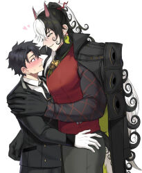 Rule 34 | 2boys, animal ears, ashiya douman (fate), black coat, black hair, black jacket, black pants, black vest, blush, cat ears, closed mouth, coat, coat on shoulders, collared shirt, earrings, fate/grand order, fate (series), from side, fujimaru ritsuka (male), grey eyes, hair between eyes, height difference, highres, jacket, jewelry, large pectorals, long hair, looking at another, magatama, magatama earrings, male focus, multicolored hair, multiple boys, muscular, muscular male, pants, pectorals, red vest, seum (kao husband), shirt, simple background, socks, solo, split-color hair, suit jacket, sweatdrop, vest, white background, white hair, white shirt, white socks, yaoi