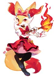Rule 34 | 1girl, animal ear fluff, animal ears, animal nose, bow, braixen, choker, clothed pokemon, cosplay, creatures (company), dress, female focus, fire, fire, fox ears, fox girl, fox tail, furry, furry female, game freak, gen 6 pokemon, hair bow, magical girl, nintendo, non-web source, pink skirt, pokemon, serena (pokemon), serena (pokemon) (cosplay), skirt, snout, solo, standing, standing on one leg, sui (suizilla), tail, white background