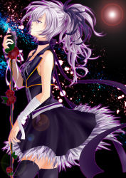 Rule 34 | 1girl, black ribbon, black thighhighs, choker, collarbone, flower, flower (vocaloid), flower (vocaloid3), from side, hair ornament, highres, holding, holding microphone, long hair, looking up, microphone, microphone stand, nail polish, oyatunoousama, ponytail, purple eyes, purple hair, red flower, ribbon, ribbon choker, solo, thighhighs, vocaloid
