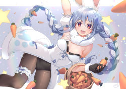 Rule 34 | 1girl, animal ear fluff, animal ears, arm up, black gloves, blue hair, braid, breasts, bridal garter, brown pantyhose, bucket, carrot, carrot hair ornament, cleavage, commentary request, don-chan (usada pekora), food, food-themed hair ornament, fur-trimmed gloves, fur scarf, fur trim, gloves, hair ornament, highres, holding, holding food, hololive, long hair, looking at viewer, medium breasts, multicolored hair, pantyhose, rabbit ears, rabbit girl, rabbit tail, red eyes, solo, star (symbol), twin braids, two-tone hair, usada pekora, usada pekora (1st costume), virtual youtuber, white hair, yoshino ryou