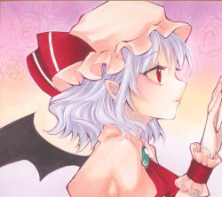 Rule 34 | 1girl, ascot, bat wings, blue hair, brooch, from side, gradient background, hat, hat ribbon, highres, jewelry, light blue hair, mob cap, pointy ears, profile, puffy sleeves, red eyes, remilia scarlet, ribbon, short hair, solo, touhou, upper body, wings, wrist cuffs, yuuki hana (jtnp5334)