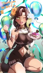 Rule 34 | 1girl, absurdres, balloon, black hair, breasts, cake, clothing cutout, cobra (animal), commission, dark skin, flower, food, gushagusha5, hair flower, hair ornament, happy birthday, highres, lamia, large breasts, long hair, monster girl, nagare sara, navel cutout, one eye closed, prism project, second-party source, skeb commission, snake, snake armband, solo focus, virtual youtuber