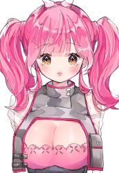 Rule 34 | 1girl, absurdres, alternate costume, artist name, black corset, blush, bow, breasts, brown eyes, cleavage, corset, hair bow, highres, looking at viewer, macross, macross delta, makina nakajima, medium breasts, medium hair, parted lips, pink bow, pink hair, pouch, see-through, see-through sleeves, shrug (clothing), simple background, solo, straight-on, twintails, white background, yumemi yuyu