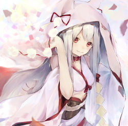 Rule 34 | 1girl, absurdres, arm up, azur lane, breasts, closed mouth, commentary request, fang, fang out, grey hair, hanagin, hand up, highres, hood, hood up, japanese clothes, kimono, long hair, looking at viewer, medium breasts, obi, red eyes, red ribbon, ribbon, sash, short eyebrows, short sleeves, sidelocks, solo, thick eyebrows, white kimono, wide sleeves, yuudachi (azur lane), yuudachi (the bride of solomon) (azur lane)