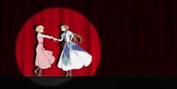 Rule 34 | 2girls, absurdres, ascot, bad id, bad pixiv id, black background, black neckwear, blonde hair, blue bow, blue dress, blue eyes, blue neckwear, boots, bow, bracelet, braid, brown footwear, brown hair, closed mouth, commentary request, crown braid, curtains, dancing, derivative work, dress, earrings, closed eyes, female focus, flower, from side, gloves, hair bow, hair flower, hair ornament, hand on own hip, high collar, highres, hluoa, holding hands, jewelry, katarina claes, kekkai sensen, long dress, long hair, long sleeves, looking at another, maria campbell, multiple girls, neck ribbon, open mouth, otome game no hametsu flag shika nai akuyaku reijou ni tensei shite shimatta, parody, pink dress, red bow, ribbon, screenshot redraw, shadow, shirt, short hair, short sleeves, smile, spotlight, standing, standing on one leg, sugar song and bitter step, white gloves, white shirt