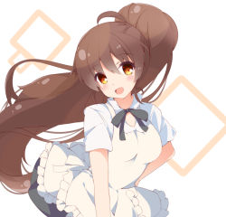 Rule 34 | 1girl, :d, apron, black bow, black skirt, blush, bow, breasts, brown apron, brown eyes, brown hair, collared shirt, commentary request, frilled apron, frills, fuuna, hair between eyes, long hair, open mouth, pleated skirt, ponytail, shirt, short sleeves, skirt, small breasts, smile, solo, taneshima popura, uniform, very long hair, waitress, white background, white shirt, working!!