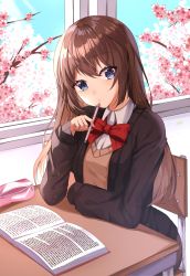 Rule 34 | 1girl, absurdres, bad id, bad twitter id, black shirt, blue eyes, blue sky, book, bow, bowtie, brown hair, chair, cherry blossoms, closed mouth, collared shirt, desk, flower, head tilt, highres, holding, holding pencil, indoors, long hair, long sleeves, looking at viewer, original, pencil, pencil case, pink flower, red bow, red bowtie, reha r h, school uniform, shirt, sitting, sky, solo, tree, vest, white shirt, window