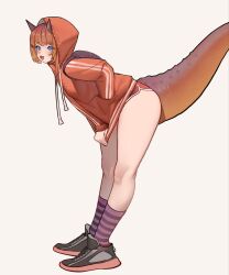 Rule 34 | 1girl, backpack, bag, blue eyes, blush, dinosaur girl, dinosaur tail, dolphin shorts, drawstring, from side, grey background, hand in pocket, highres, hood, hoodie, hoodie pull, horns, kamitoge supino, leaning forward, open mouth, orange hair, orange hoodie, orange shorts, original, shoes, short hair, shorts, smile, sneakers, socks, solo, striped clothes, striped socks, tail