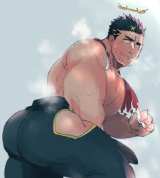 Rule 34 | 1boy, ass, ass focus, bara, black hair, closed mouth, facial hair, fire, flaming halo, halo, large pectorals, male focus, muscular, muscular male, pectorals, po fu, short hair, solo, stubble, thick thighs, thighs, tokyo houkago summoners, topless male, towel, towel around neck, zabaniyya (housamo)