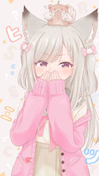 Rule 34 | 1girl, animal, animal ear fluff, animal ears, animal on head, animare, cardigan, covering own mouth, fox, fox ears, hand to own mouth, highres, long hair, long sleeves, looking at viewer, nanashi inc., off shoulder, on head, open cardigan, open clothes, shirochimaki, shiromiya mimi, shirt, silver hair, skirt, virtual youtuber