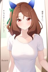 Rule 34 | 1girl, absurdres, animal ears, blurry, blurry background, blush, breasts, brown hair, casual, closed mouth, commentary request, entrance, hanafuda (hanafuda0116), highres, horse ears, horse girl, king halo (umamusume), looking at viewer, medium breasts, medium hair, red eyes, solo, translation request, umamusume