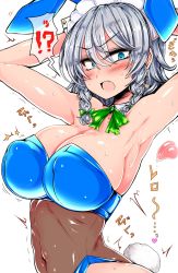 Rule 34 | !?, 1girl, animal ears, armpits, arms behind head, blue eyes, blush, braid, breasts, cleavage, covered erect nipples, detached collar, earrings, fang, grey hair, highres, izayoi sakuya, jewelry, jpeg artifacts, large breasts, looking at viewer, maid headdress, navel, open mouth, playboy bunny, rabbit ears, rabbit tail, roki (hirokix), see-through, simple background, solo, sweat, tail, tongue, tongue out, touhou, trembling, white background, wrist cuffs