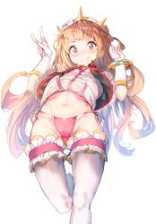 Rule 34 | 10s, 1girl, :q, akieda, bad id, bad pixiv id, blonde hair, bracelet, cagliostro (granblue fantasy), crown, frilled thighhighs, frills, gloves, granblue fantasy, hands up, highres, jewelry, lace, lace-trimmed panties, lace trim, long hair, navel, panties, partially fingerless gloves, pink panties, purple eyes, side-tie panties, solo, thighhighs, thighs, tongue, tongue out, underwear, v, white gloves, white thighhighs