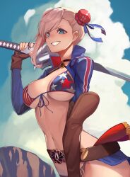 Rule 34 | 1girl, american flag, american flag bikini, american flag print, asymmetrical gloves, asymmetrical hair, bikini, blue eyes, breasts, bun cover, fate/grand order, fate (series), flag print, genshu doki, gloves, gunblade, hair bun, highres, large breasts, looking at viewer, miyamoto musashi (fate), miyamoto musashi (fate/grand order), miyamoto musashi (swimsuit berserker) (fate), miyamoto musashi (swimsuit berserker) (second ascension) (fate), navel, pink hair, print bikini, print swimsuit, shrug (clothing), single hair bun, single side bun, smile, solo, swept bangs, swimsuit, uneven gloves, weapon