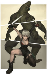 Rule 34 | 1girl, absurdres, asymmetrical sleeves, blonde hair, boots, breasts, cleavage, dual wielding, furry, furry male, gloves, highres, holding, knife, lips, lizardman, mismatched sleeves, namgwon lee, parted lips, short hair, tattoo, thighhighs