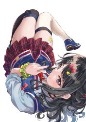 Rule 34 | 1girl, asymmetrical legwear, black eyes, black hair, black thighhighs, blue nails, blue shirt, bow, commentary request, fukuyama satoshi, hair bow, hair ornament, hairclip, highres, idolmaster, idolmaster shiny colors, kazano hiori, long hair, looking at viewer, miniskirt, mismatched legwear, nail polish, necktie, plaid, plaid skirt, pleated skirt, red necktie, red skirt, scrunchie, shirt, shoes, skindentation, skirt, sneakers, solo, sweater vest, thighhighs, thighs, white background, white thighhighs, wrist scrunchie