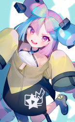 Rule 34 | 1girl, ainy, blue hair, blush, bow-shaped hair, breasts, character hair ornament, creatures (company), game freak, hair ornament, hexagon print, highres, iono (pokemon), jacket, long hair, looking at viewer, multicolored hair, nintendo, open mouth, oversized clothes, pink hair, pokemon, pokemon sv, purple eyes, sharp teeth, shirt, single leg pantyhose, sleeves past fingers, sleeves past wrists, small breasts, smile, solo, teeth, very long sleeves, yellow jacket