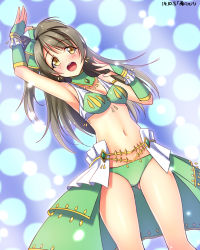 Rule 34 | 10s, 1girl, :d, alternate costume, arm up, armlet, armpits, bikini, blue background, blush, bow, breasts, bridal gauntlets, brooch, brown hair, cleavage, cowboy shot, dated, detached collar, dutch angle, earrings, gem, gloves, green bikini, green gloves, grey hair, hair bow, highres, jewelry, light particles, long hair, lots of jewelry, love live!, love live! school idol festival, love live! school idol project, minami kotori, navel, one side up, open mouth, shangri-la shower, showgirl skirt, skirt, small breasts, smile, solo, standing, swimsuit, waving, yellow eyes, yu-ta