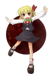 Rule 34 | 1girl, blonde hair, embodiment of scarlet devil, fang, female focus, hair ribbon, outstretched arms, red eyes, ribbon, rumia, short hair, solo, spread arms, touhou, wapokichi