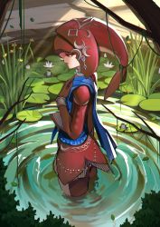 Rule 34 | 1girl, absurdres, animal, chromatic aberration, colored skin, commentary request, day, fins, fish girl, frog, from side, hair ornament, highres, jewelry, leaf, long hair, looking at viewer, mipha, monster girl, multicolored skin, nature, nintendo, no eyebrows, outdoors, plant, pointy ears, profile, red hair, smile, solo, sunlight, the legend of zelda, the legend of zelda: breath of the wild, vines, wading, water, yellow eyes, zhili xingzou, zora
