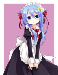 Rule 34 | 10s, 1girl, alternate costume, apron, blue eyes, crescent, crescent hair ornament, dress, enmaided, flower ornament, frills, hair between eyes, hair ornament, hair ribbon, kantai collection, long sleeves, looking at viewer, maid, maid apron, maid headdress, nagasioo, puffy long sleeves, puffy sleeves, purple hair, ribbon, short hair, short hair with long locks, solo, v arms, yayoi (kancolle)