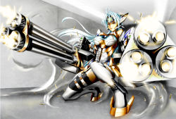 Rule 34 | 00s, 1girl, android, bare shoulders, blue hair, breasts, casing ejection, cleavage, cleavage cutout, clothing cutout, dual wielding, firing, gatling gun, gun, holding, kos-mos, kos-mos ver. 4, long hair, motion blur, muzzle flash, on one knee, red eyes, shell casing, solo, tect, thighhighs, underboob, weapon, white thighhighs, xenosaga, xenosaga episode iii