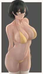Rule 34 | 1girl, abs, absurdres, arms behind back, bespectacled, bikini, black hair, blush, breasts, cleavage, closed mouth, collarbone, feet out of frame, free style (yohan1754), glasses, highres, large breasts, looking at viewer, navel, original, short hair, side-tie bikini bottom, solo, string bikini, swimsuit, thighhighs, thighs, white-framed eyewear, yellow bikini, yellow eyes