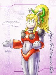 Rule 34 | ameerashourdraws, armor, bikini armor, blonde hair, breasts, character request, green eyes, hairband, highres, hyper roll (marvel vs. capcom), long hair, marvel vs. capcom, mega man (series), ribbon, robot girl, roll (mega man)