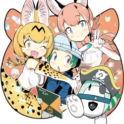 Rule 34 | 1other, 2girls, ;d, absurdres, animal ears, belt, blonde hair, blue eyes, blue vest, blush, bow, bowtie, caracal (kemono friends), elbow gloves, extra ears, eyepatch, gloves, green hair, hat, hat feather, high-waist skirt, highres, holding, hug, impossible clothes, impossible shirt, japari symbol, kemono friends, kemono friends 2, kyururu (kemono friends), looking at viewer, lucky beast (kemono friends), multiple girls, naitou ryuu, official art, one eye closed, open mouth, outstretched arms, pirate hat, print gloves, print neckwear, print skirt, serval (kemono friends), serval print, serval tail, shirt, sidelocks, sketchbook, skirt, sleeveless, sleeveless shirt, smile, tail, traditional bowtie, vest, white background, white gloves, yellow eyes, yellow gloves, yellow neckwear, yellow skirt