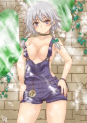 Rule 34 | 1girl, alternate costume, blue eyes, blush, bow, braid, breasts, broken wall, choker, cleavage, collar, collarbone, covered erect nipples, female focus, grey eyes, hair bow, hands on own hips, highres, izayoi sakuya, large breasts, looking at viewer, naked overalls, no bra, overalls, plant, pocket watch, short hair, silver hair, solo, suspenders, touhou, twin braids, umyonge (lkakeu), vines, wall, watch
