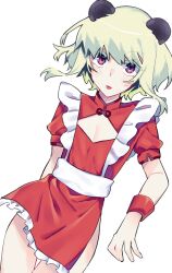 Rule 34 | 1boy, alternate costume, animal ears, arm behind back, bear ears, blonde hair, china dress, chinese clothes, cleavage cutout, clothing cutout, crossdressing, dress, floating hair, highres, lio fotia, male focus, promare, puffy short sleeves, puffy sleeves, purple eyes, red dress, red wrist cuffs, rinno promare, short hair, short sleeves, simple background, solo, thigh gap, tongue, tongue out, trap, white background, wind, wrist cuffs